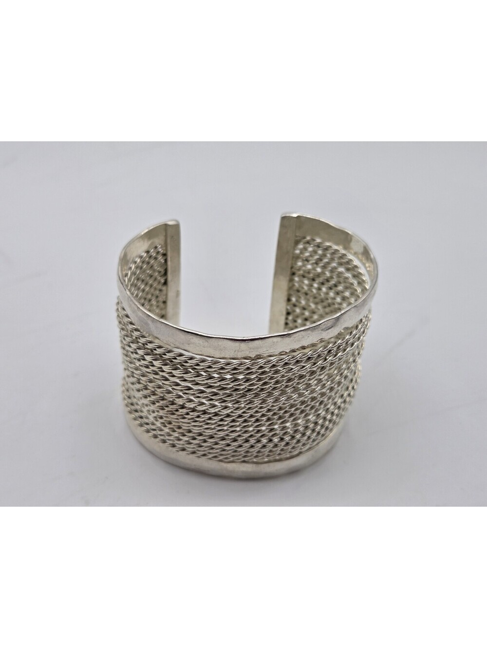 Wide Silver Tone Mesh Cuff Bracelet Open Cuff Woven Statement Fashion Jewelry